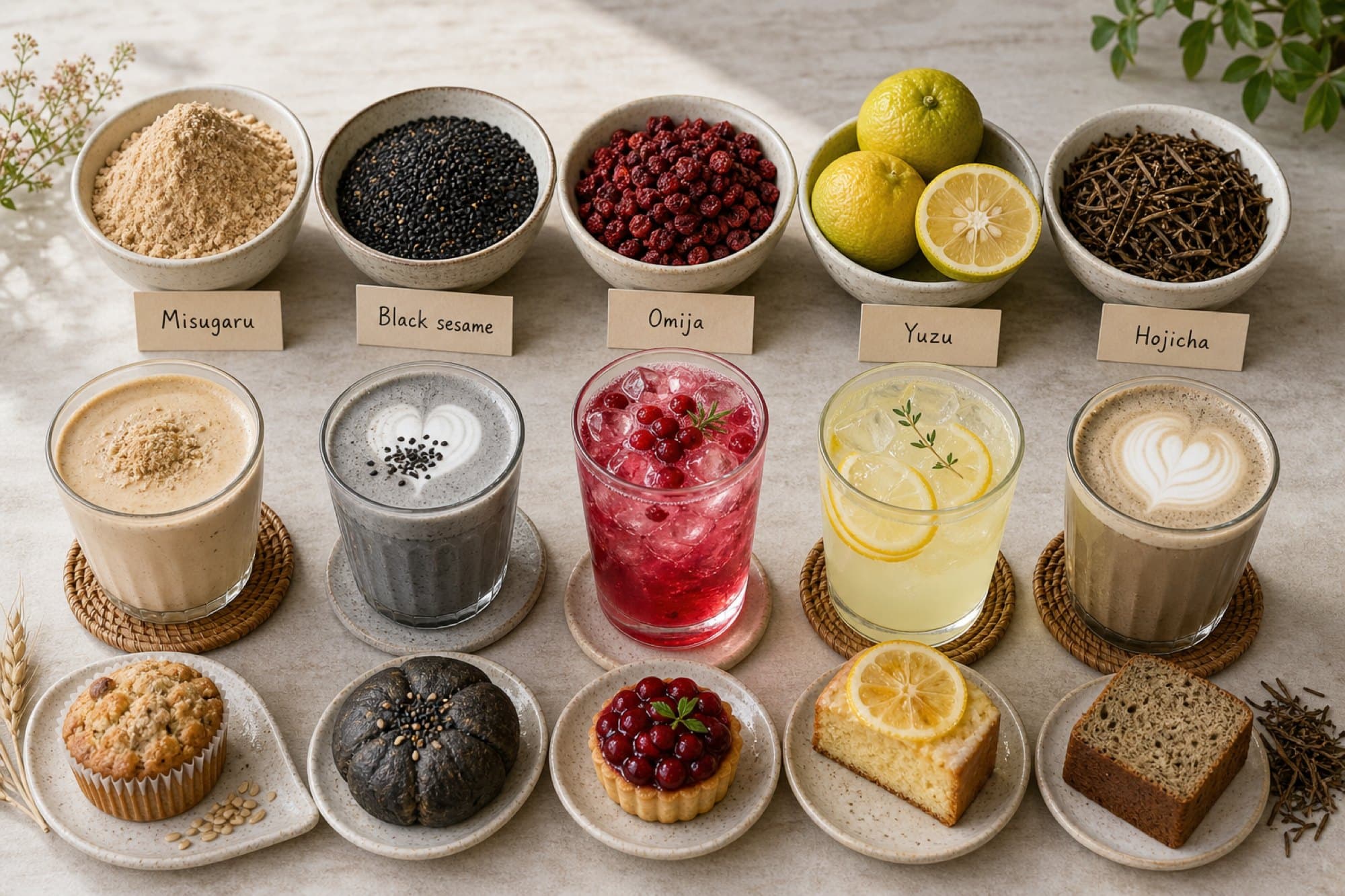 Labeled bowls of misugaru, black sesame, omija, yuzu, and hojicha with matching lattes, drinks, and pastries arranged in a row