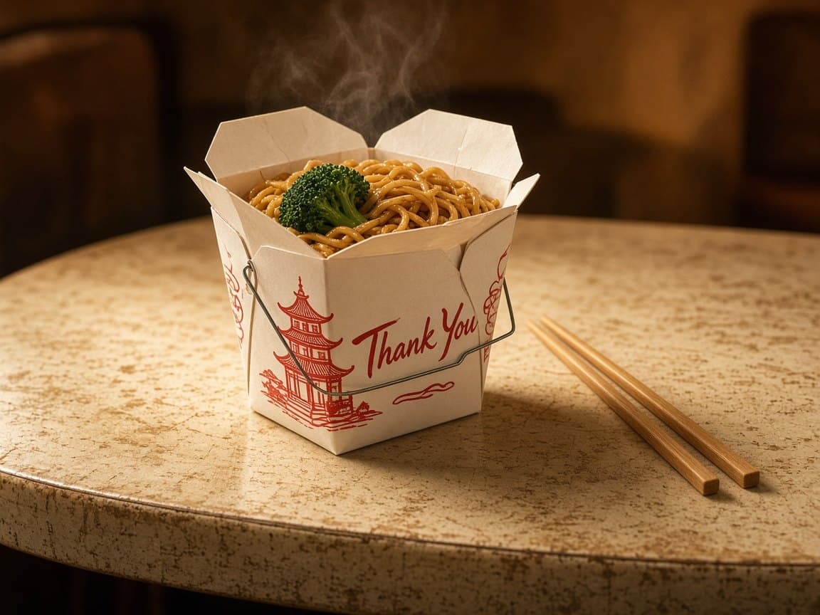 Classic white Chinese takeout carton with red pagoda, open on lo mein