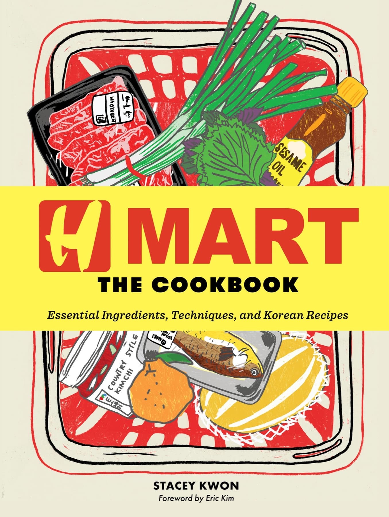 Cover of H Mart The Cookbook showing a red shopping basket filled with Korean groceries around a yellow title band