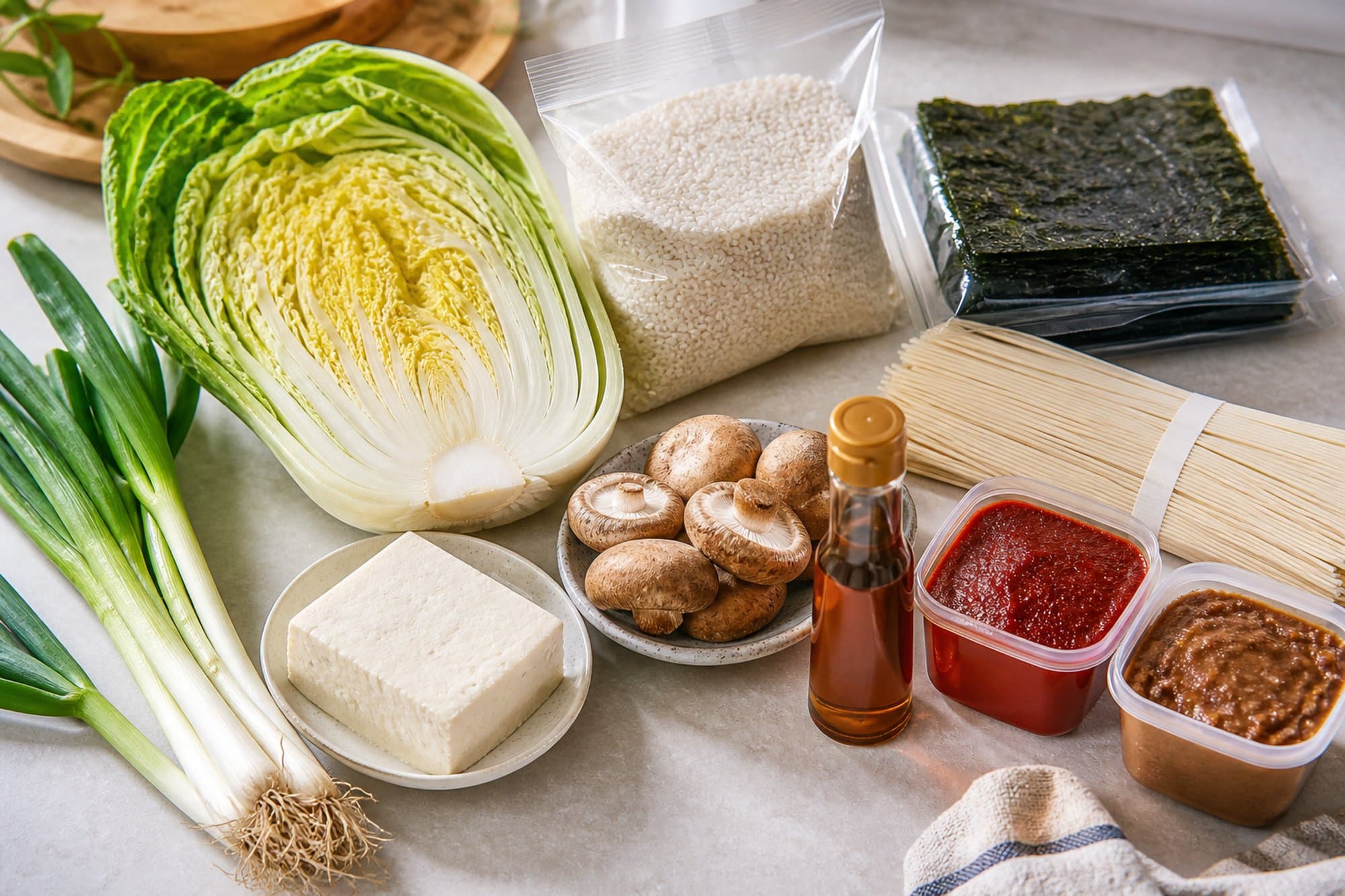 Overhead still life of a beginner Korean grocery haul on a kitchen counter