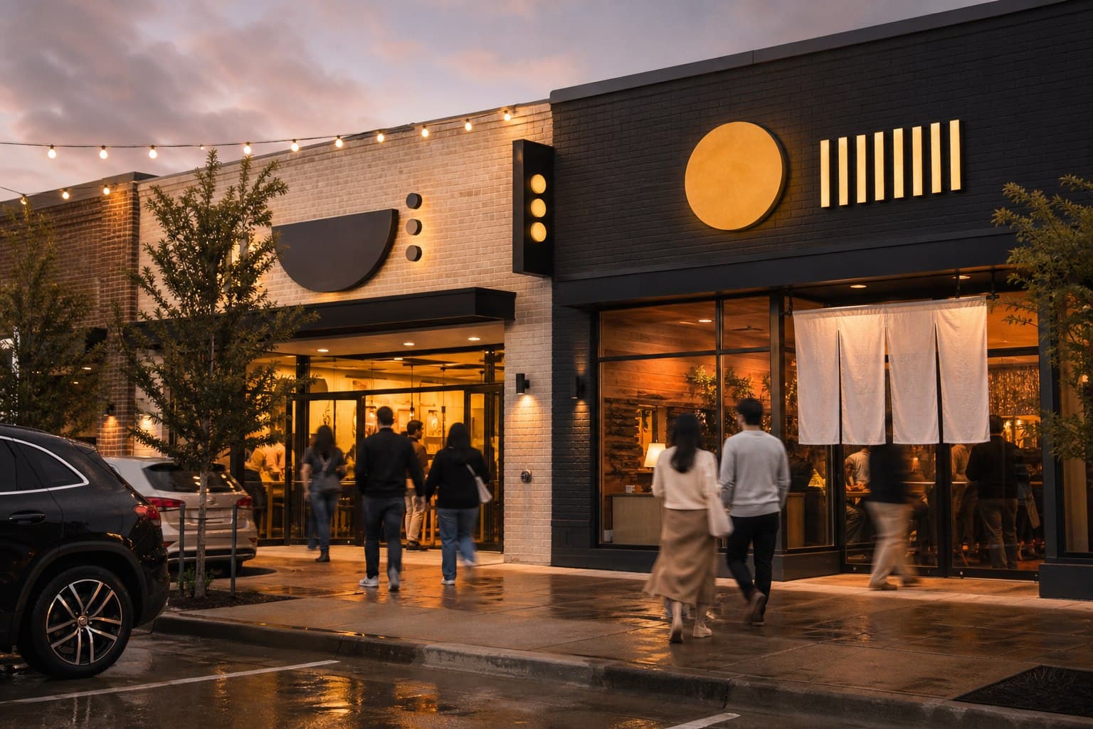 Diners visiting Korean- and Japanese-inspired restaurants in a North American commercial district