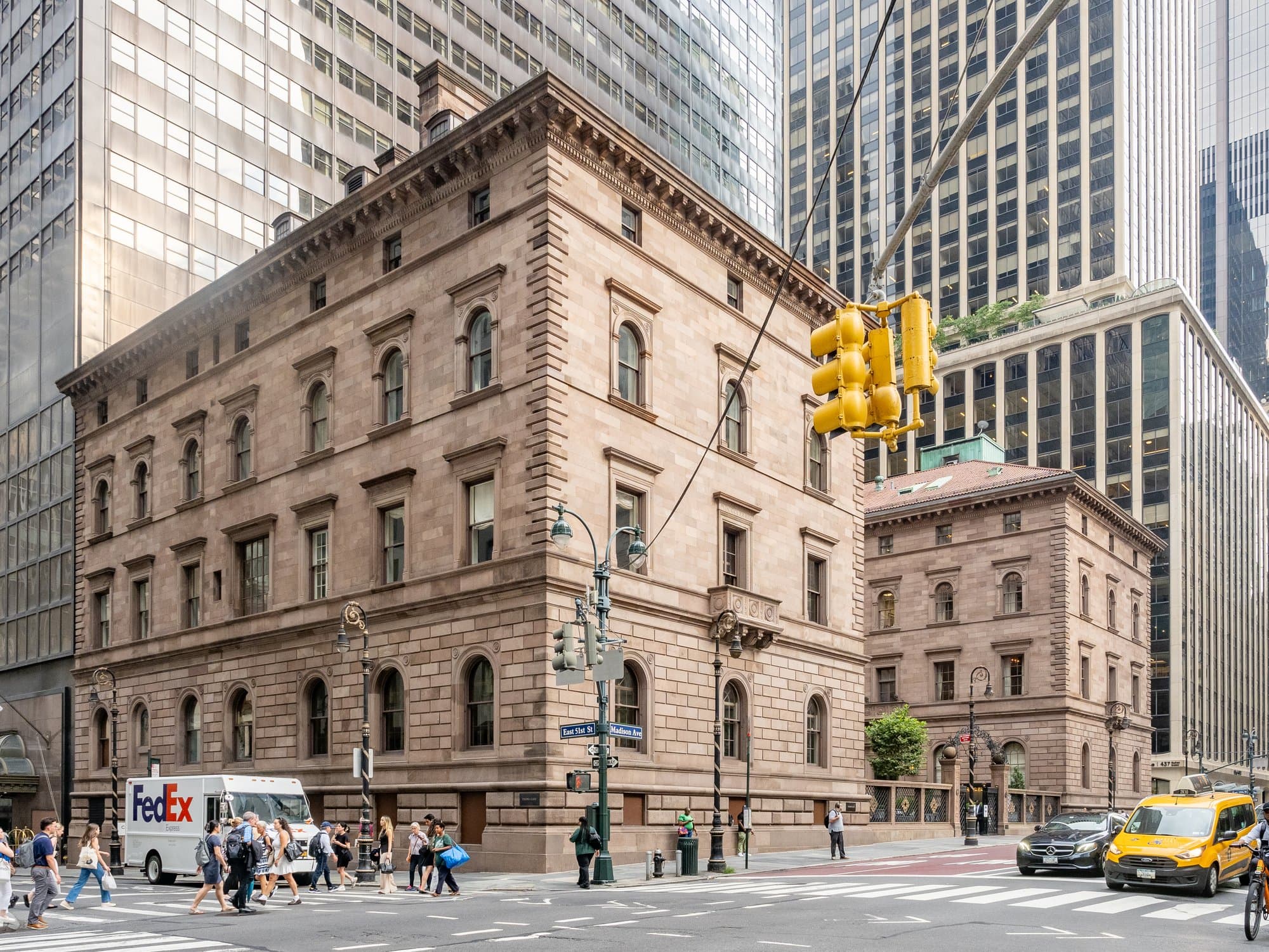 Brownstone corner of the Villard Houses on Madison Avenue, the historic front of the Lotte New York Palace