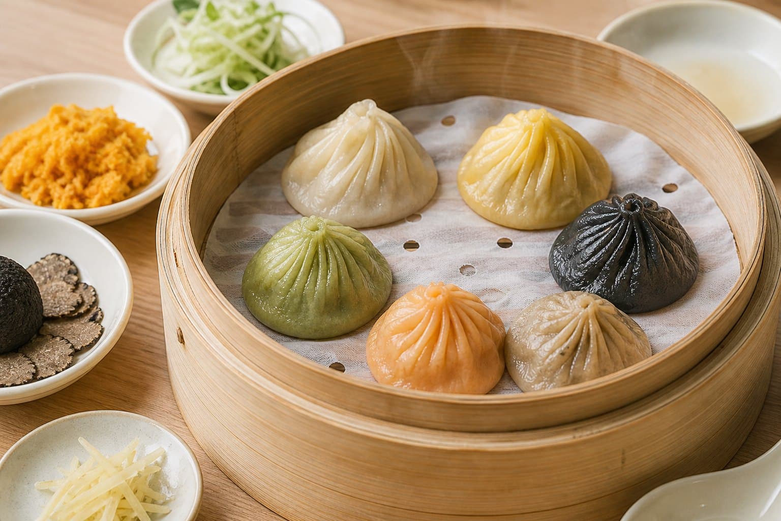 Overhead bamboo steamer with six naturally colored soup dumplings beside crab roe and truffle