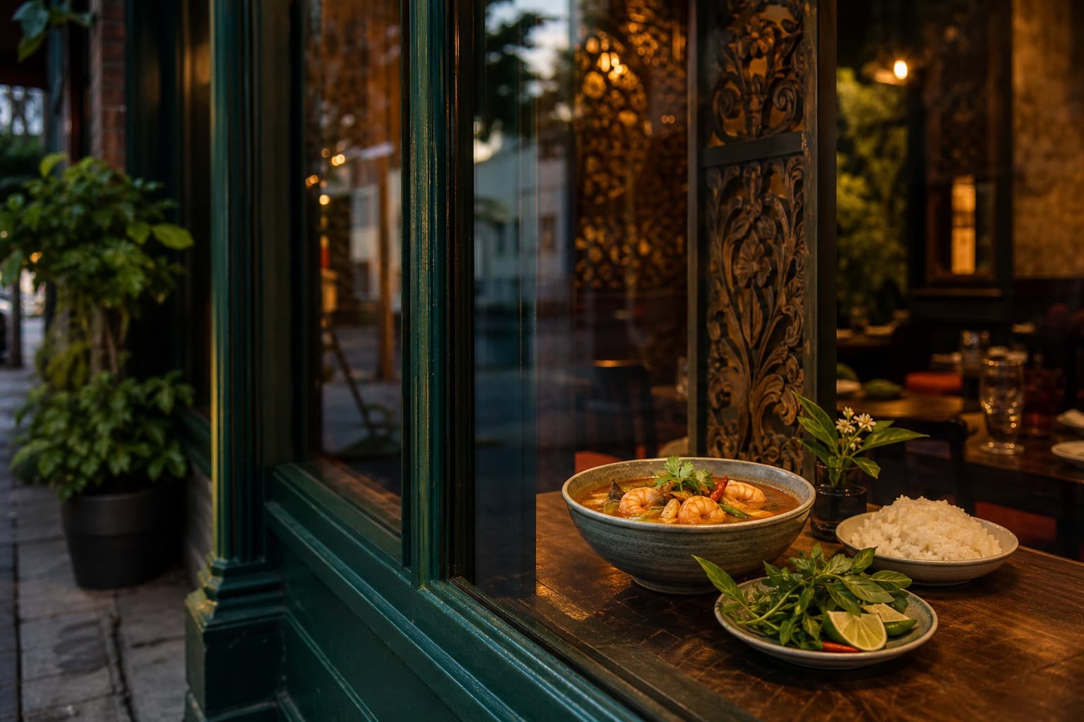 Bowl of tom yum with shrimp and a plate of jasmine rice on a wooden table, seen through a green-framed restaurant window at dusk