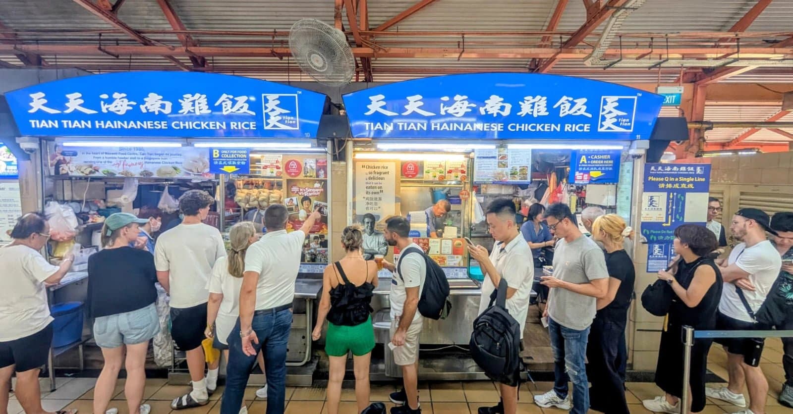 Maxwell Food Centre Tian Tian stall with blue signs and lunch queue